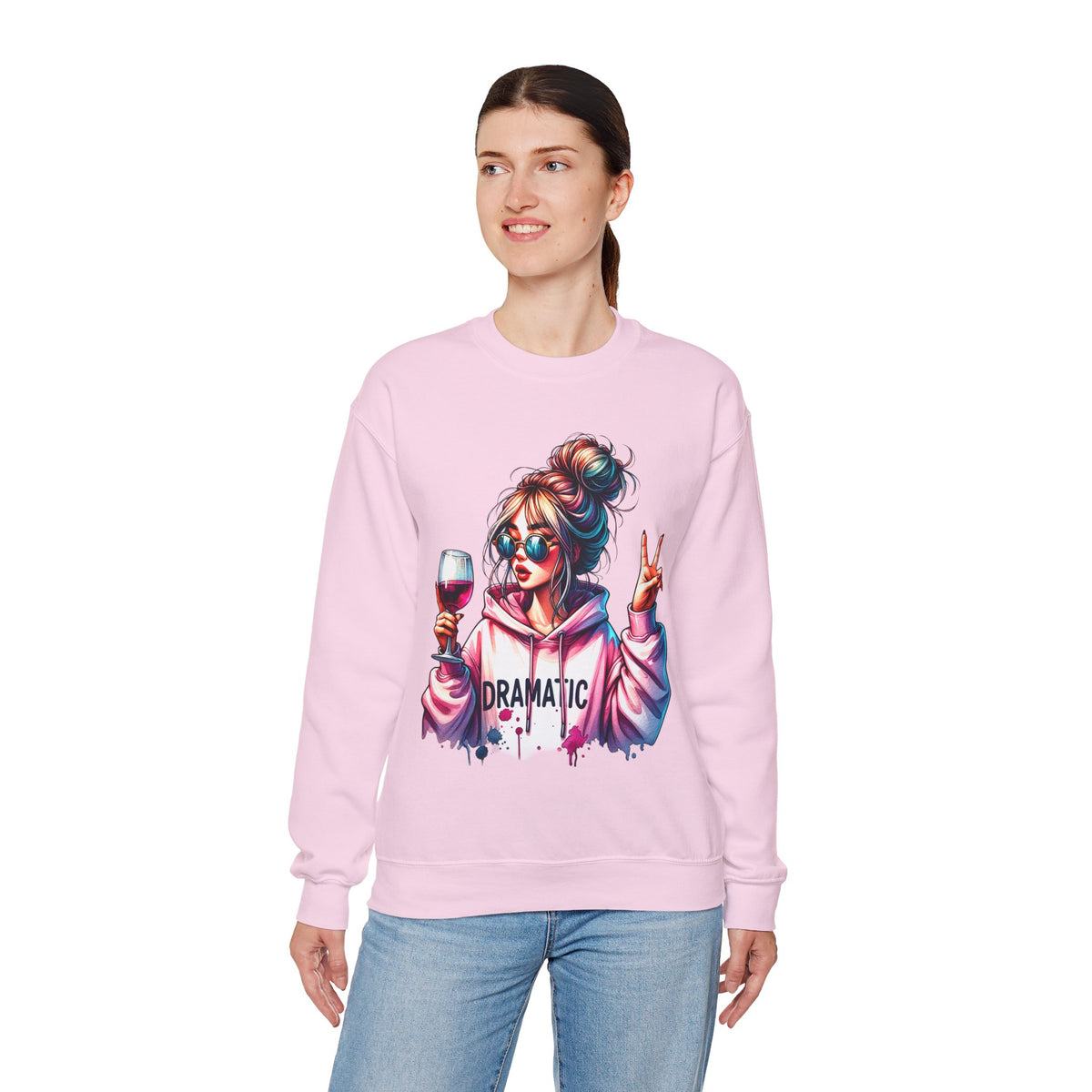 Dramatic Girl With Wine Messy Bun Peace Sign – Gildan Heavy Blend | Trendy Women’s Soft Sweatshirt. Direct to Garment. Printed & Shipped in the USA. Unisex Sizes.