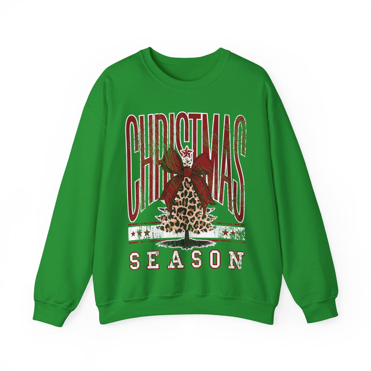 Christmas Season Leopard Tree Distressed – Gildan Heavy Blend | Trendy Women’s Soft Sweatshirt. Direct to Garment. Printed & Shipped in the USA. Unisex Sizes.
