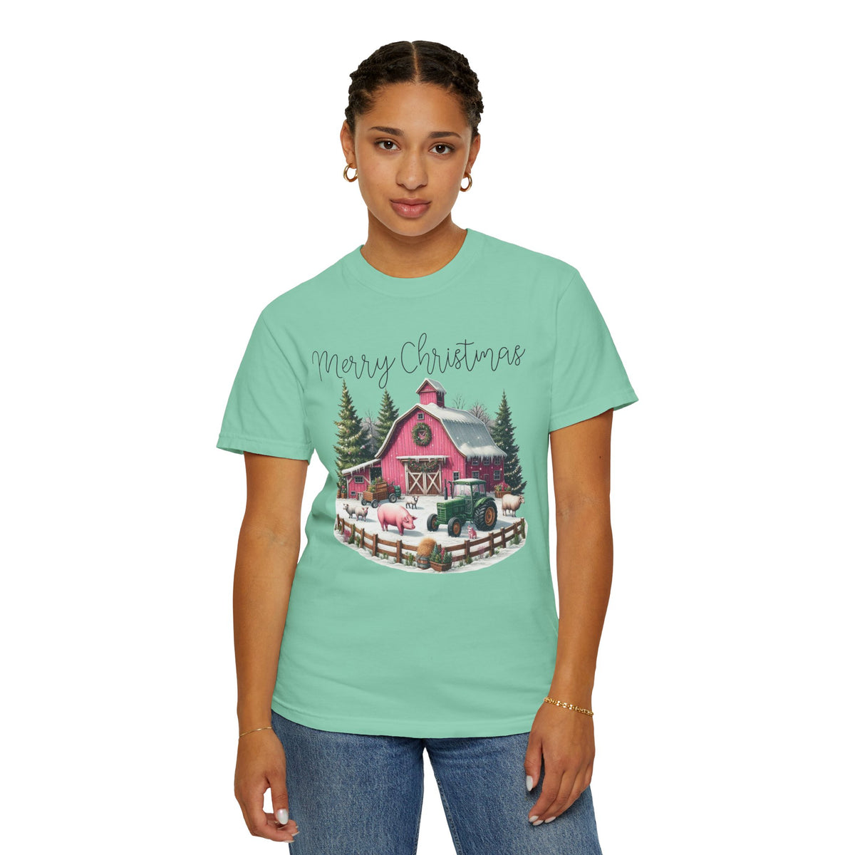 Merry Christmas Pink Barn Farm Animals - Comfort Colors | Trendy Women's T-Shirt. Direct to Garment. Printed & Shipped in the USA. Unisex Sizes.