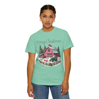 Merry Christmas Pink Barn Farm Animals - Comfort Colors | Trendy Women's T-Shirt. Direct to Garment. Printed & Shipped in the USA. Unisex Sizes.