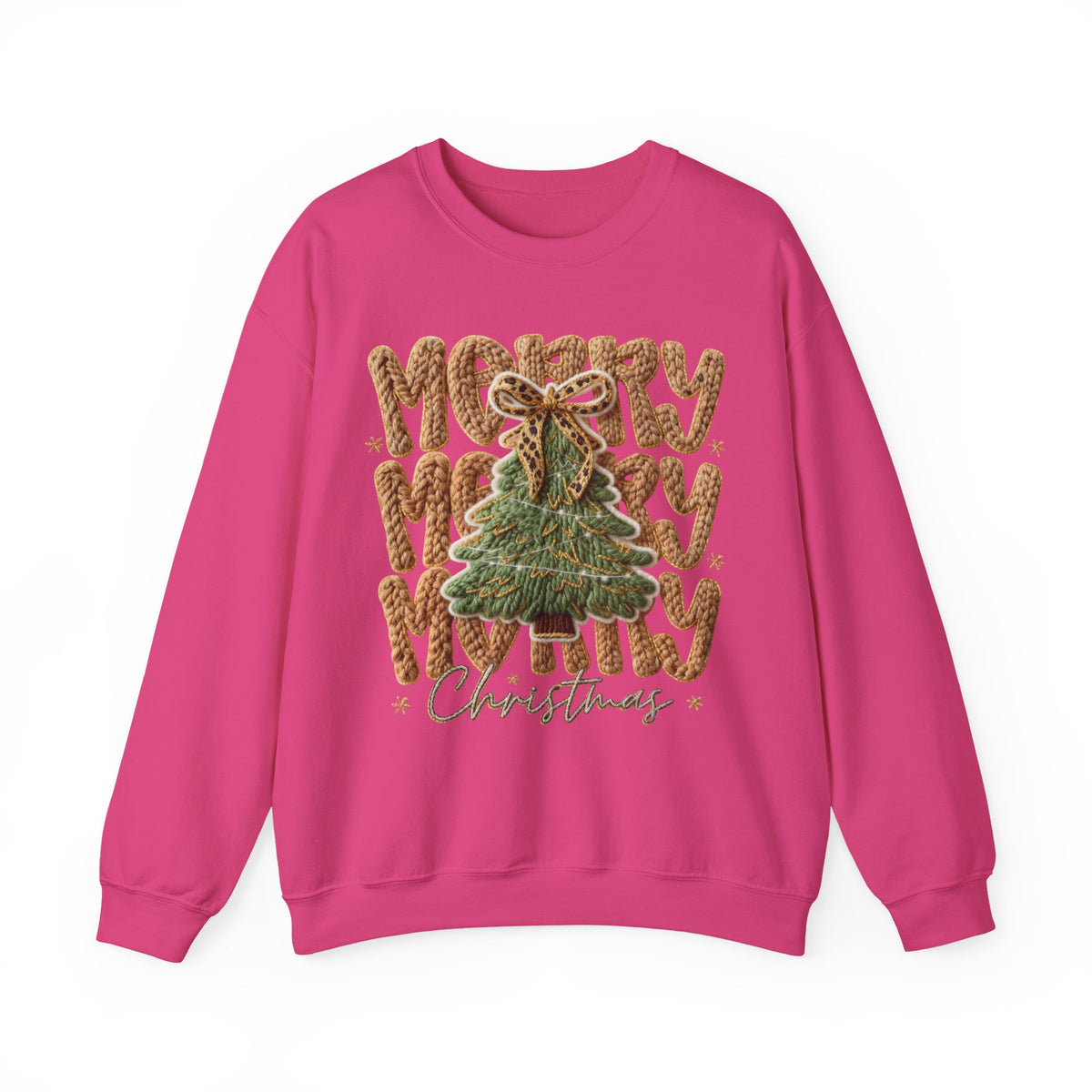 Merry Merry Merry Christmas, Faux Latch Hook Yarn – Gildan Heavy Blend | Trendy Women’s Soft Sweatshirt. Direct to Garment. Printed & Shipped in the USA. Unisex Sizes.
