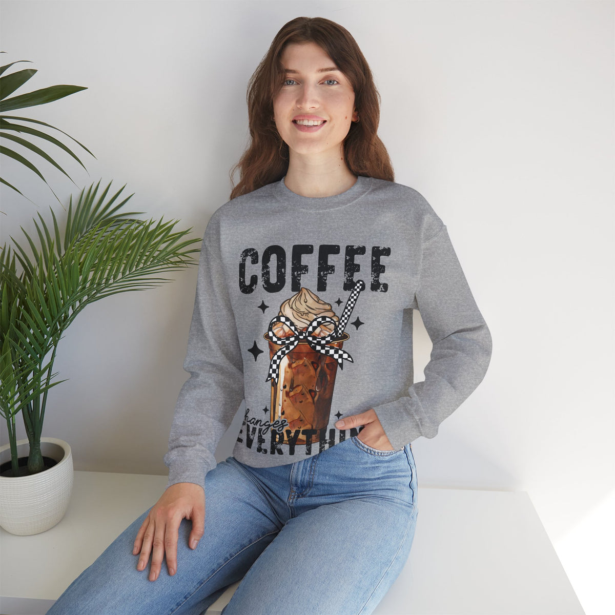 Coffee Changes Everything, Iced Coffee, Coffee Lovers – Gildan Heavy Blend | Trendy Women’s Soft Sweatshirt. Direct to Garment. Printed & Shipped in the USA. Unisex Sizes.