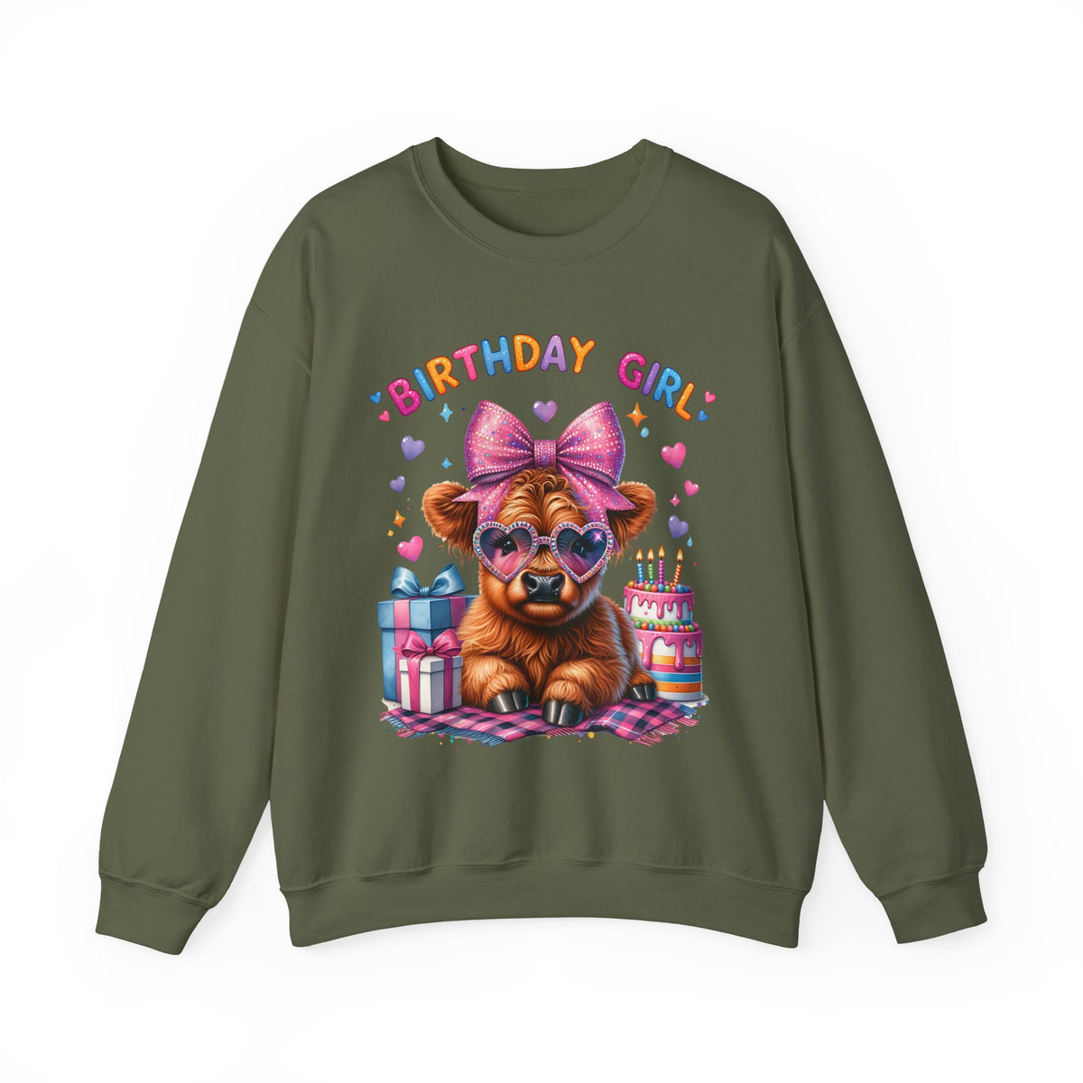 Birthday Girl, Highland Cow – Gildan Heavy Blend | Trendy Women’s Soft Sweatshirt. Direct to Garment. Printed & Shipped in the USA. Unisex Sizes.