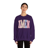 Pastel faux Patchwork AMEN with faux Pearls – Gildan Heavy Blend | Trendy Women’s Soft Sweatshirt. Direct to Garment. Printed & Shipped in the USA. Unisex Sizes.
