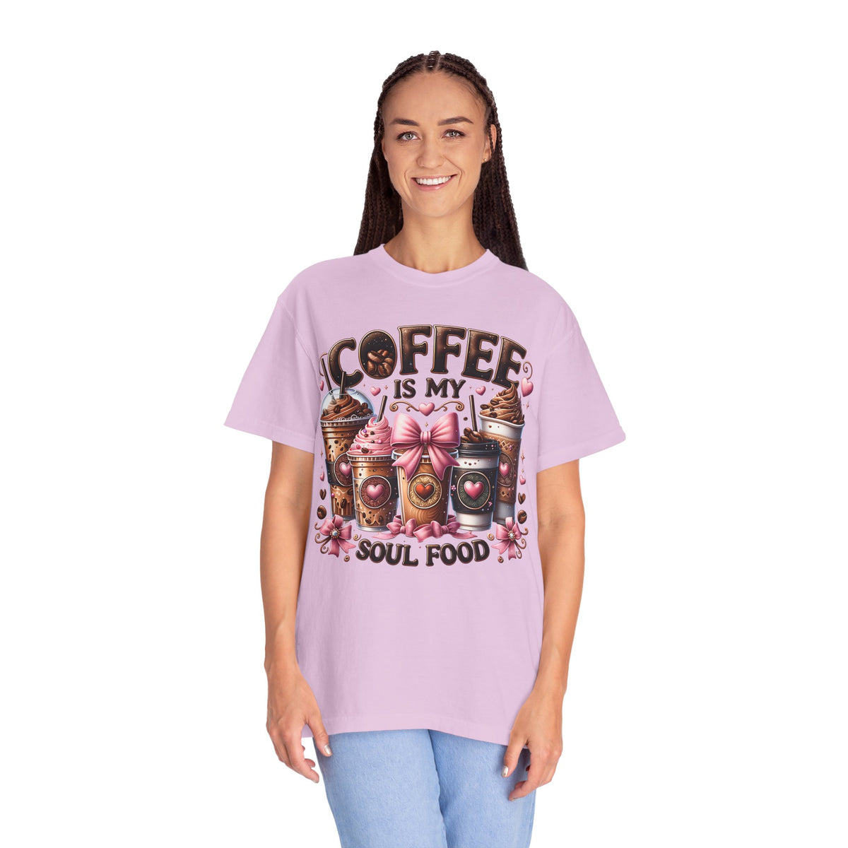 Coffee Is My Soul Food, Iced Coffee, Pink Bow - Comfort Colors | Trendy Women's T-Shirt. Direct to Garment. Printed & Shipped in the USA. Unisex Sizes.