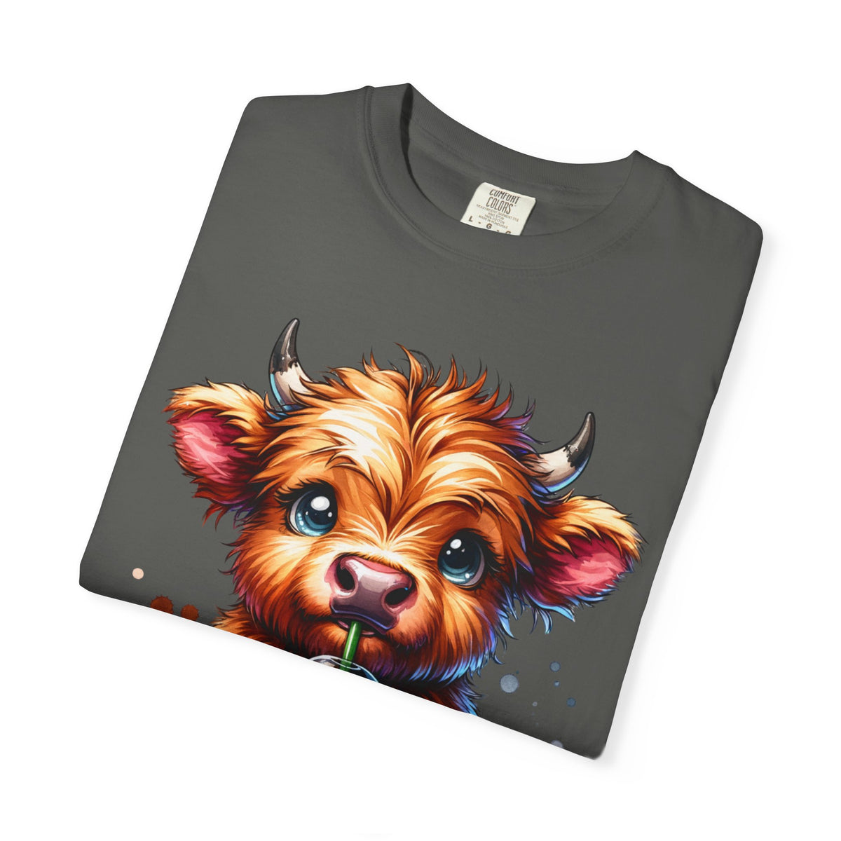 Coffee Addict Highland Cow Drinking Iced Coffee - Comfort Colors | Trendy Women's T-Shirt. Direct to Garment. Printed & Shipped in the USA. Unisex Sizes.