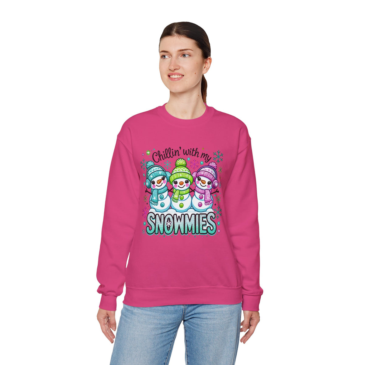 Chillin' With My Snowmies, Winter Snowman – Gildan Heavy Blend | Trendy Women’s Soft Sweatshirt. Direct to Garment. Printed & Shipped in the USA. Unisex Sizes.
