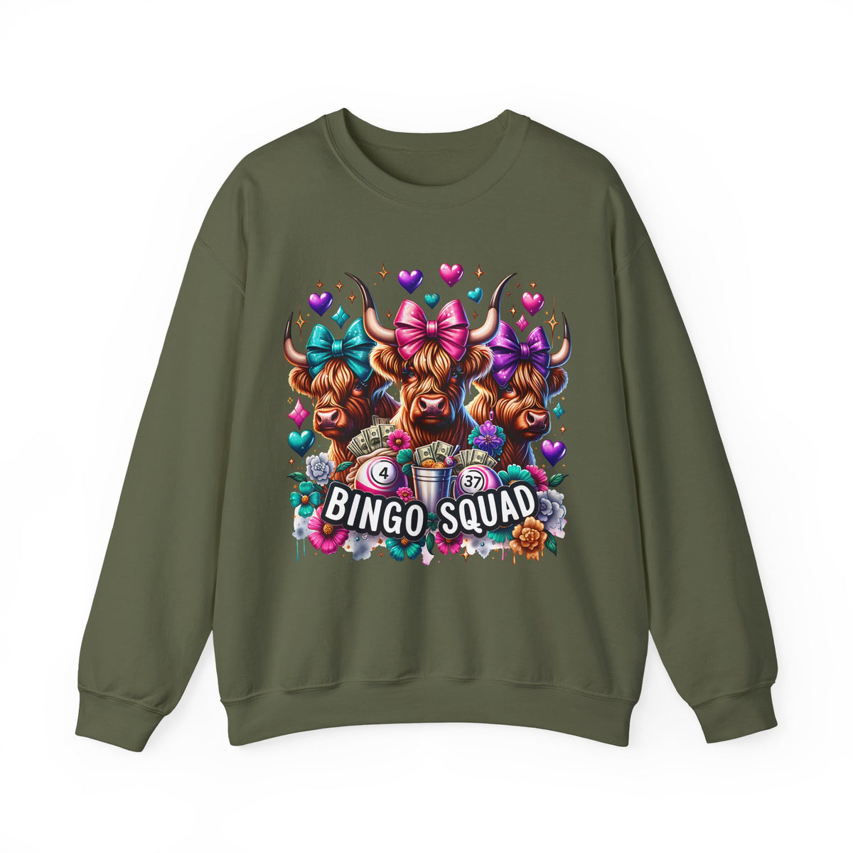 Cute Highland Cows Bingo Squad – Gildan Heavy Blend | Trendy Women’s Soft Sweatshirt. Direct to Garment. Printed & Shipped in the USA. Unisex Sizes.