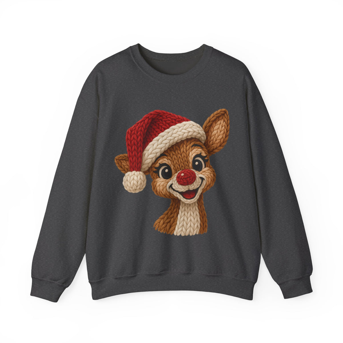 Cute Rudolph Faux Knit Look Reindeer w/Santa Hat – Gildan Heavy Blend | Trendy Women’s Soft Sweatshirt. Direct to Garment. Printed & Shipped in the USA. Unisex Sizes.