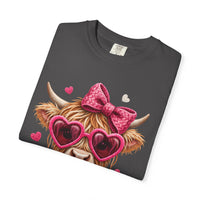 Highland Cow - Pink Heart Shaped Glasses - Comfort Colors | Trendy Women's T-Shirt. Direct to Garment. Printed & Shipped in the USA. Unisex Sizes.
