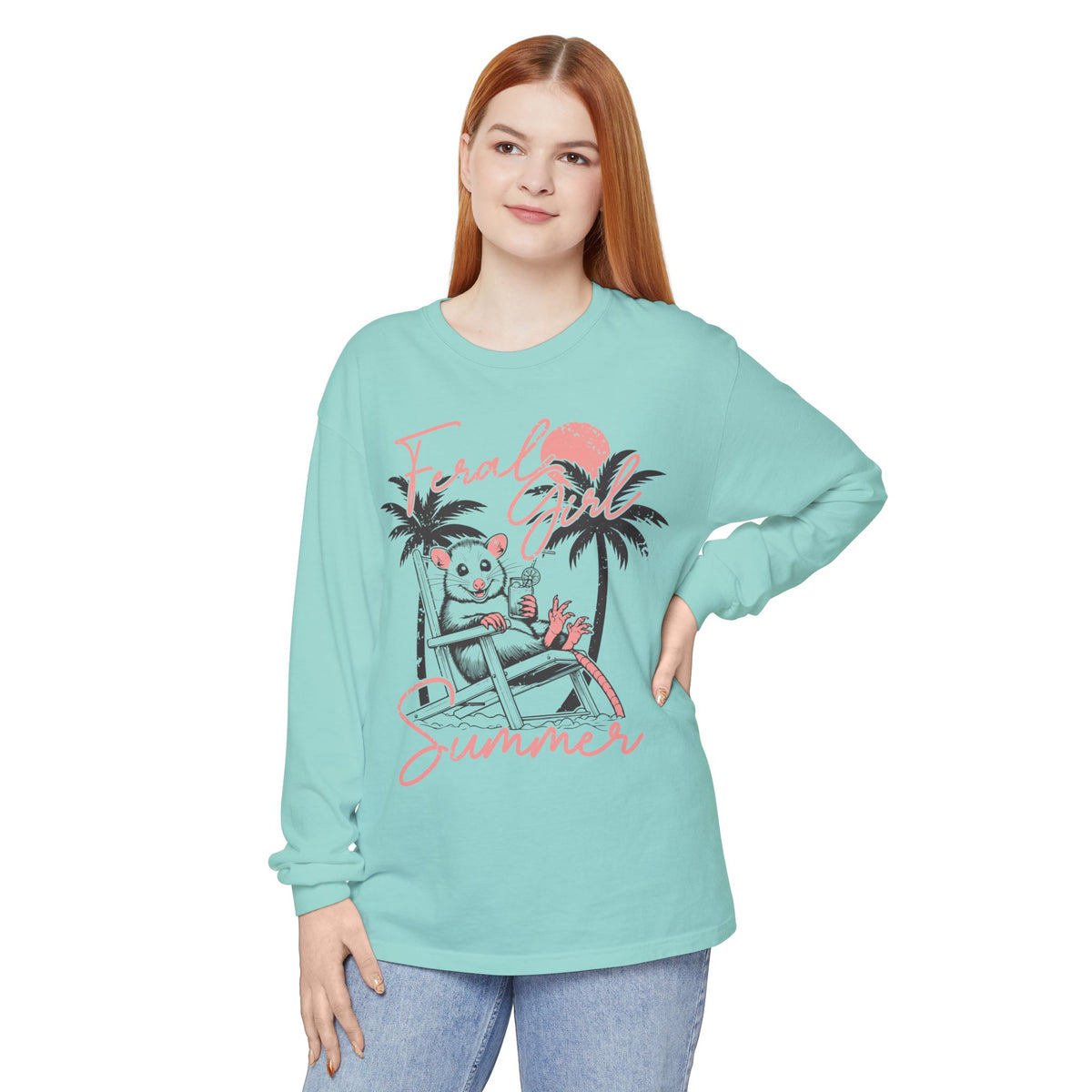 Feral Girl Summer, Possum on a Beach - Comfort Colors | Trendy Women's Long Sleeve T-Shirt. Direct to Garment. Printed & Shipped in the USA. Unisex Sizes.