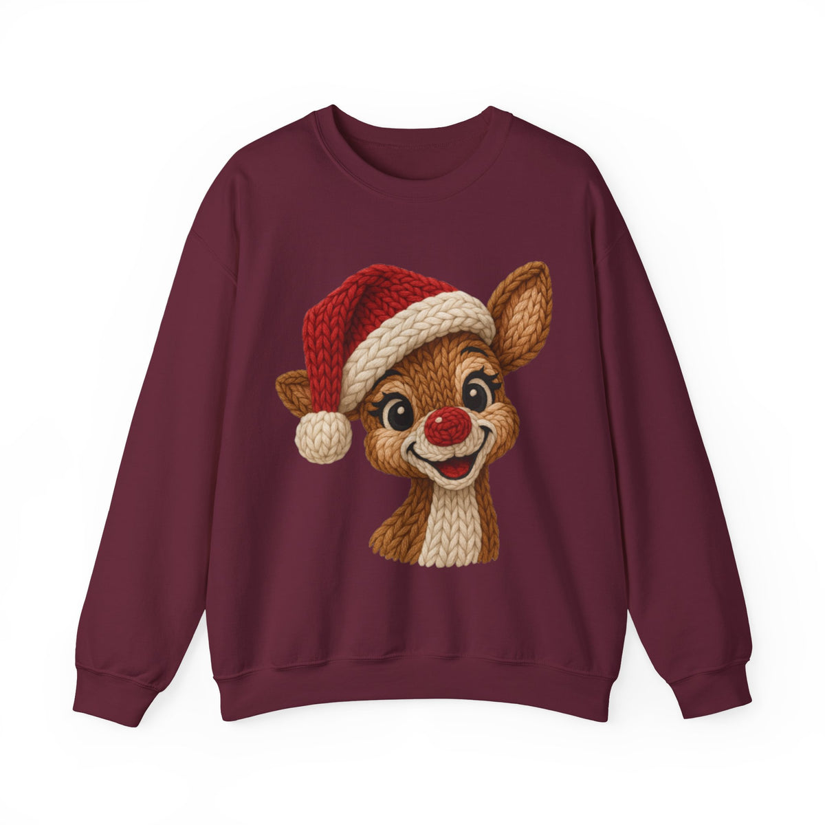 Cute Rudolph Faux Knit Look Reindeer w/Santa Hat – Gildan Heavy Blend | Trendy Women’s Soft Sweatshirt. Direct to Garment. Printed & Shipped in the USA. Unisex Sizes.