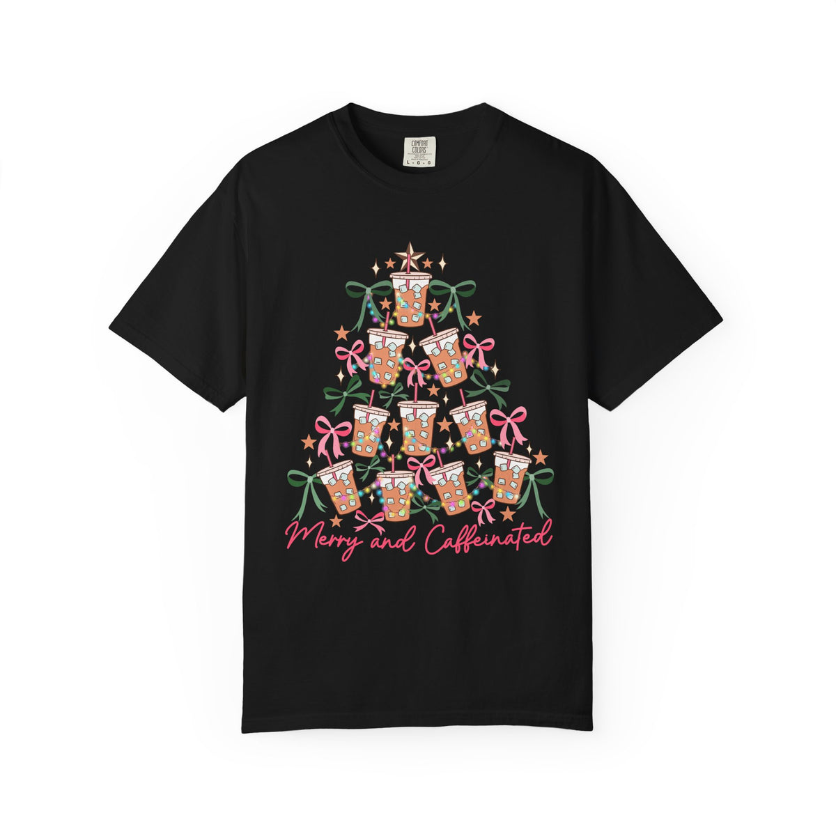 Merry and Caffeinated Iced Coffee Christmas Tree - Comfort Colors | Trendy Women's T-Shirt. Direct to Garment. Printed & Shipped in the USA. Unisex Sizes.