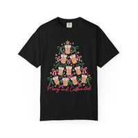 Merry and Caffeinated Iced Coffee Christmas Tree - Comfort Colors | Trendy Women's T-Shirt. Direct to Garment. Printed & Shipped in the USA. Unisex Sizes.