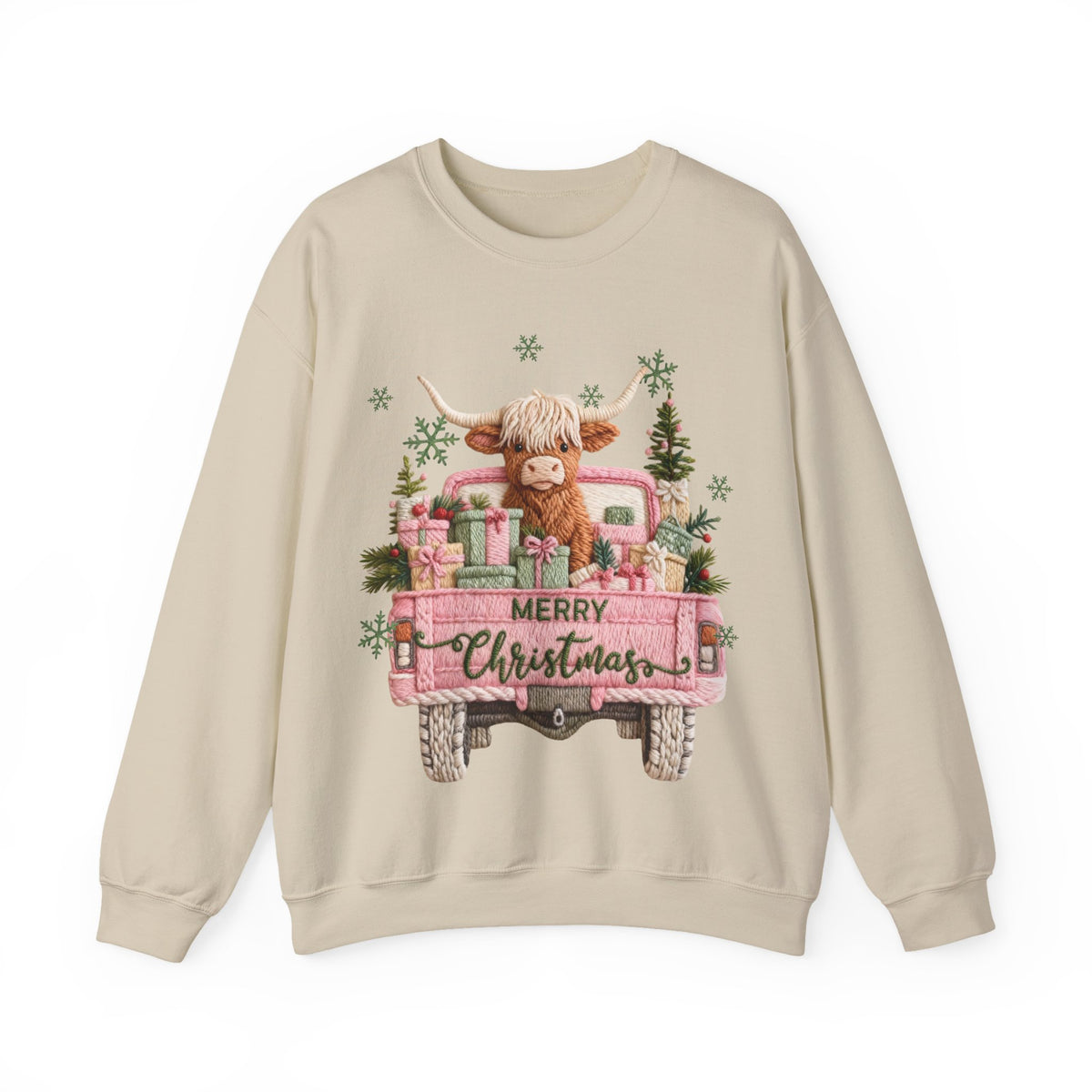 Highland Cow in Pink Truck Merry Christmas Holiday Farmhouse – Gildan Heavy Blend | Trendy Women’s Soft Sweatshirt. Direct to Garment. Printed & Shipped in the USA. Unisex Sizes.