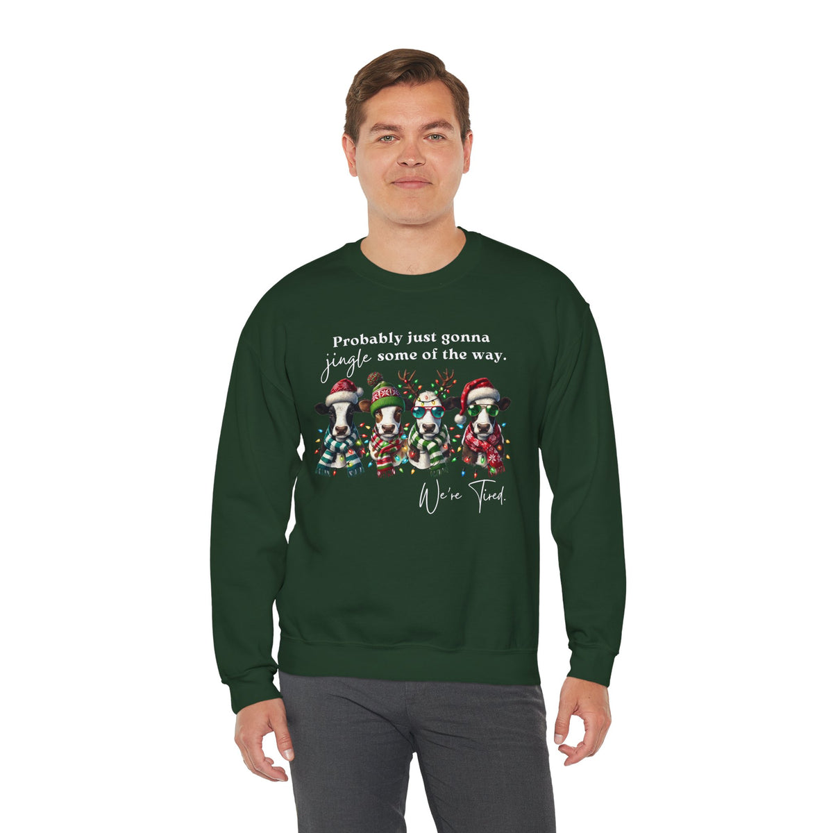 Christmas Cows - Probably Just Gonna Jingle Some Of The Way – Gildan Heavy Blend | Trendy Women’s and Men's Soft Sweatshirt. Direct to Garment. Printed & Shipped in the USA. Unisex Sizes.