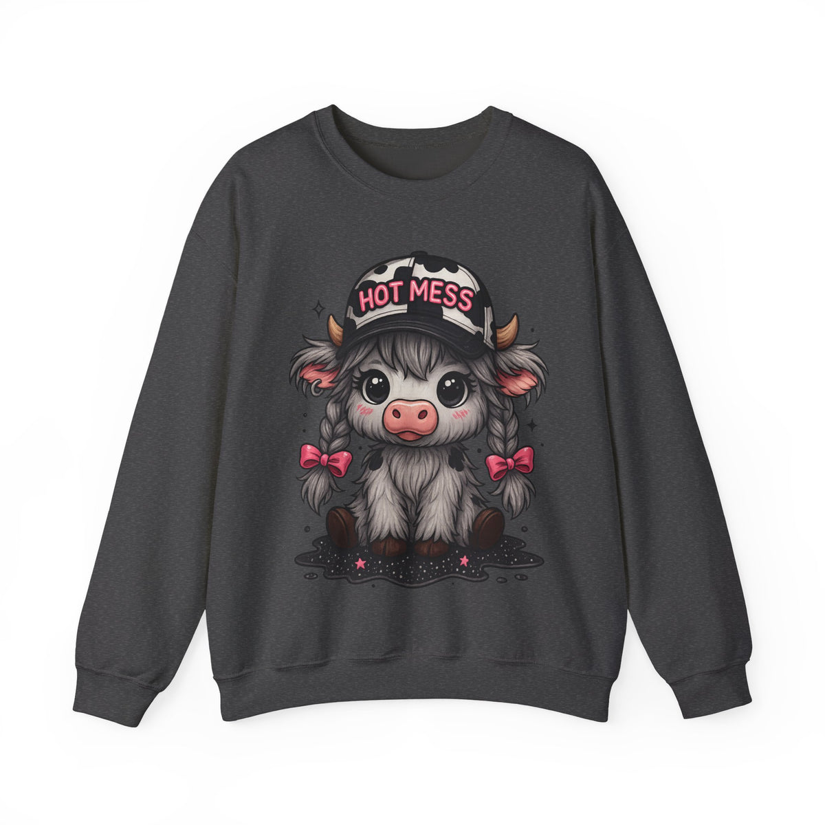 Cute Highland Cow 'Hot Mess' In Braids – Gildan Heavy Blend | Trendy Women’s Soft Sweatshirt. Direct to Garment. Printed & Shipped in the USA. Unisex Sizes.