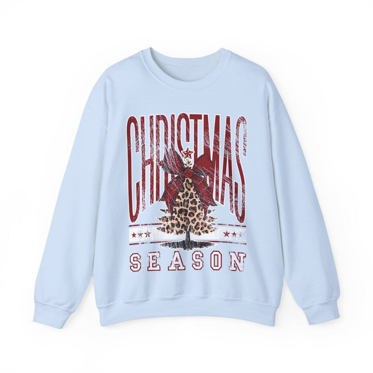 Christmas Season Leopard Tree Distressed – Gildan Heavy Blend | Trendy Women’s Soft Sweatshirt. Direct to Garment. Printed & Shipped in the USA. Unisex Sizes.