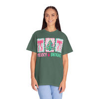 Merry & Bright Christmas — Pink & Green Holiday Tree Design - Comfort Colors | Trendy Women's T-Shirt. Direct to Garment. Printed & Shipped in the USA. Unisex Sizes.