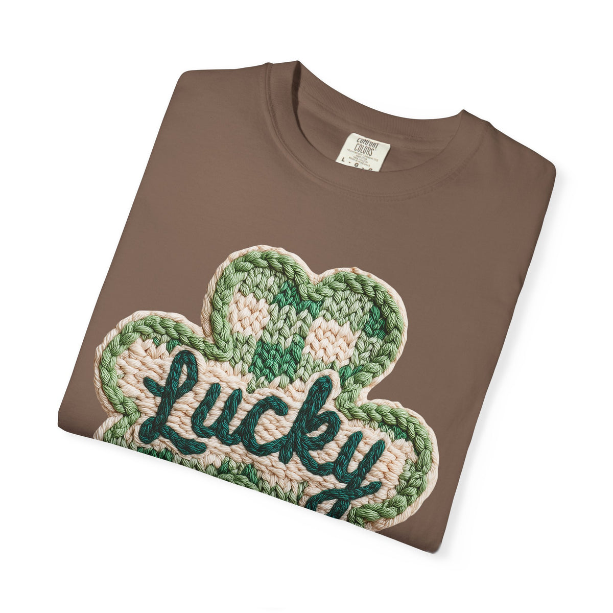 Lucky Shamrock Faux Knit - Comfort Colors | Trendy Men's and Women's T-Shirt. Direct to Garment. Printed & Shipped in the USA. Unisex Sizes.