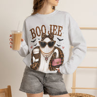 BooJee Ghost with Coffee - Halloween – Gildan Heavy Blend | Trendy Women’s Soft Sweatshirt. Direct to Garment. Printed & Shipped in the USA. Unisex Sizes.