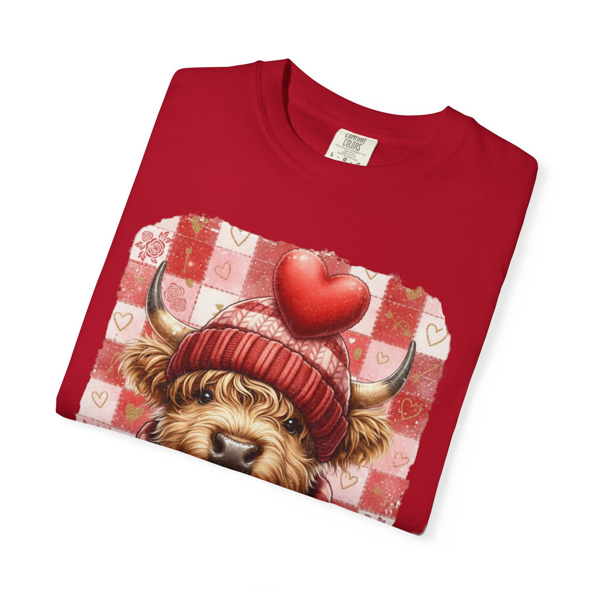 Highland Cow Be Mine, Red Checkered - Comfort Colors | Trendy Women's T-Shirt. Direct to Garment. Printed & Shipped in the USA. Unisex Sizes.