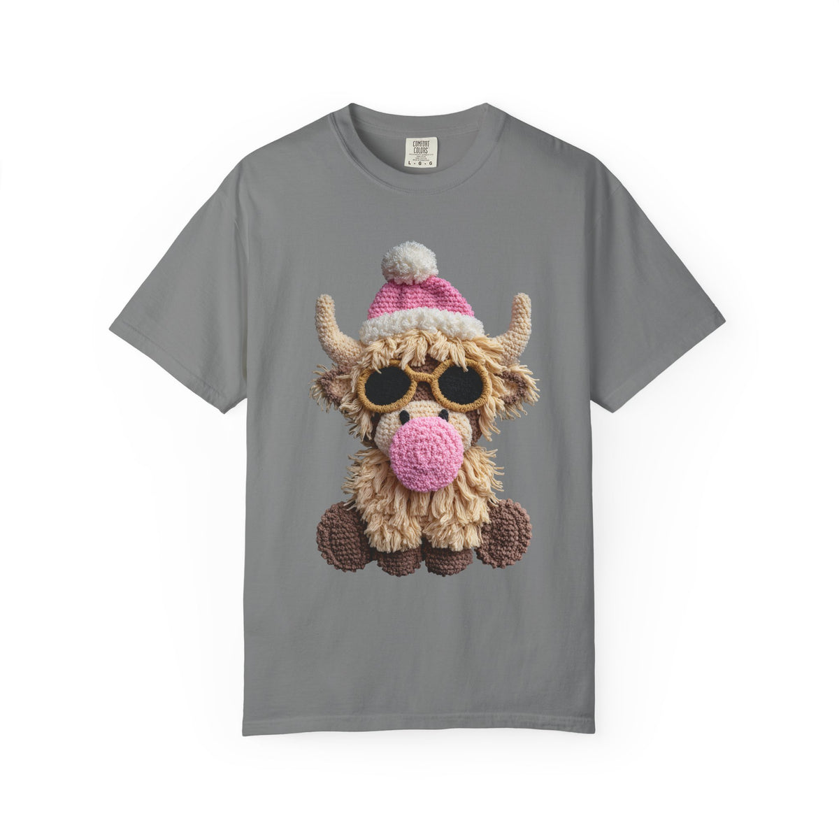 Faux Crochet Highland Cow Bubblegum - Comfort Colors | Trendy Women's T-Shirt. Direct to Garment. Printed & Shipped in the USA. Unisex Sizes.