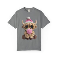 Faux Crochet Highland Cow Bubblegum - Comfort Colors | Trendy Women's T-Shirt. Direct to Garment. Printed & Shipped in the USA. Unisex Sizes.
