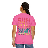 Sun Salt Sand, Beach Sunset - Front & Back Print - Comfort Colors | Trendy Women's and Men's T-Shirt. Direct to Garment. Printed & Shipped in the USA. Unisex Sizes.