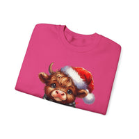 Cute Highland Cow Santa Hat Scarf Christmas Lights – Gildan Heavy Blend | Trendy Women’s Soft Sweatshirt. Direct to Garment. Printed & Shipped in the USA. Unisex Sizes.