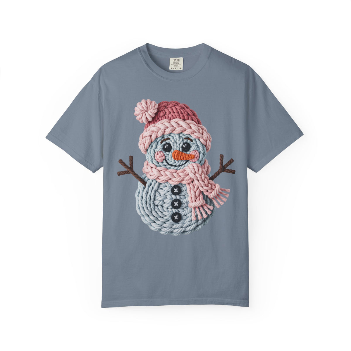Cute Yarn Snowman - Pink Scarf - Comfort Colors | Trendy Women's T-Shirt. Direct to Garment. Printed & Shipped in the USA. Unisex Sizes.