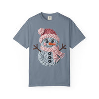 Cute Yarn Snowman - Pink Scarf - Comfort Colors | Trendy Women's T-Shirt. Direct to Garment. Printed & Shipped in the USA. Unisex Sizes.