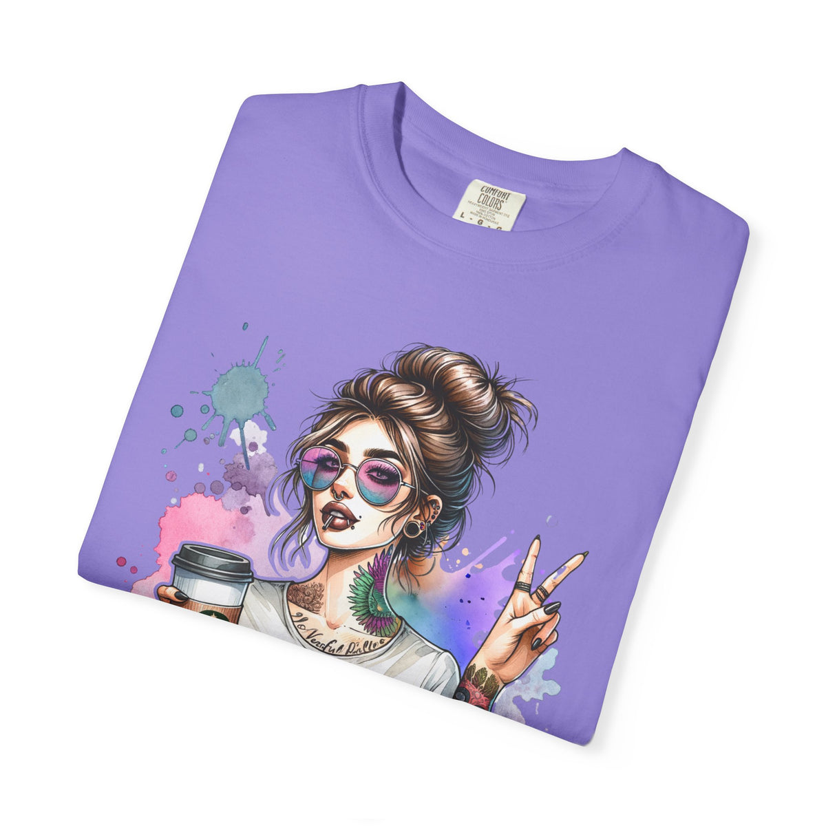 Cool Mombie with Coffee Peace Tattoo - Comfort Colors | Trendy Women's T-Shirt. Direct to Garment. Printed & Shipped in the USA. Unisex Sizes.