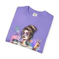 Cool Mombie with Coffee Peace Tattoo - Comfort Colors | Trendy Women's T-Shirt. Direct to Garment. Printed & Shipped in the USA. Unisex Sizes.