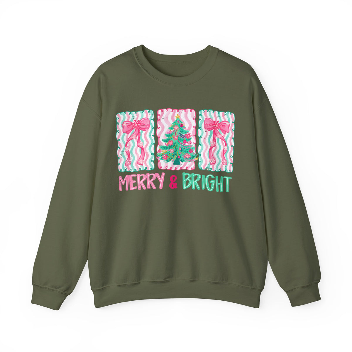 Merry & Bright Christmas - Pink & Green Holiday Tree Design – Gildan Heavy Blend | Trendy Women’s Soft Sweatshirt. Direct to Garment. Printed & Shipped in the USA. Unisex Sizes.