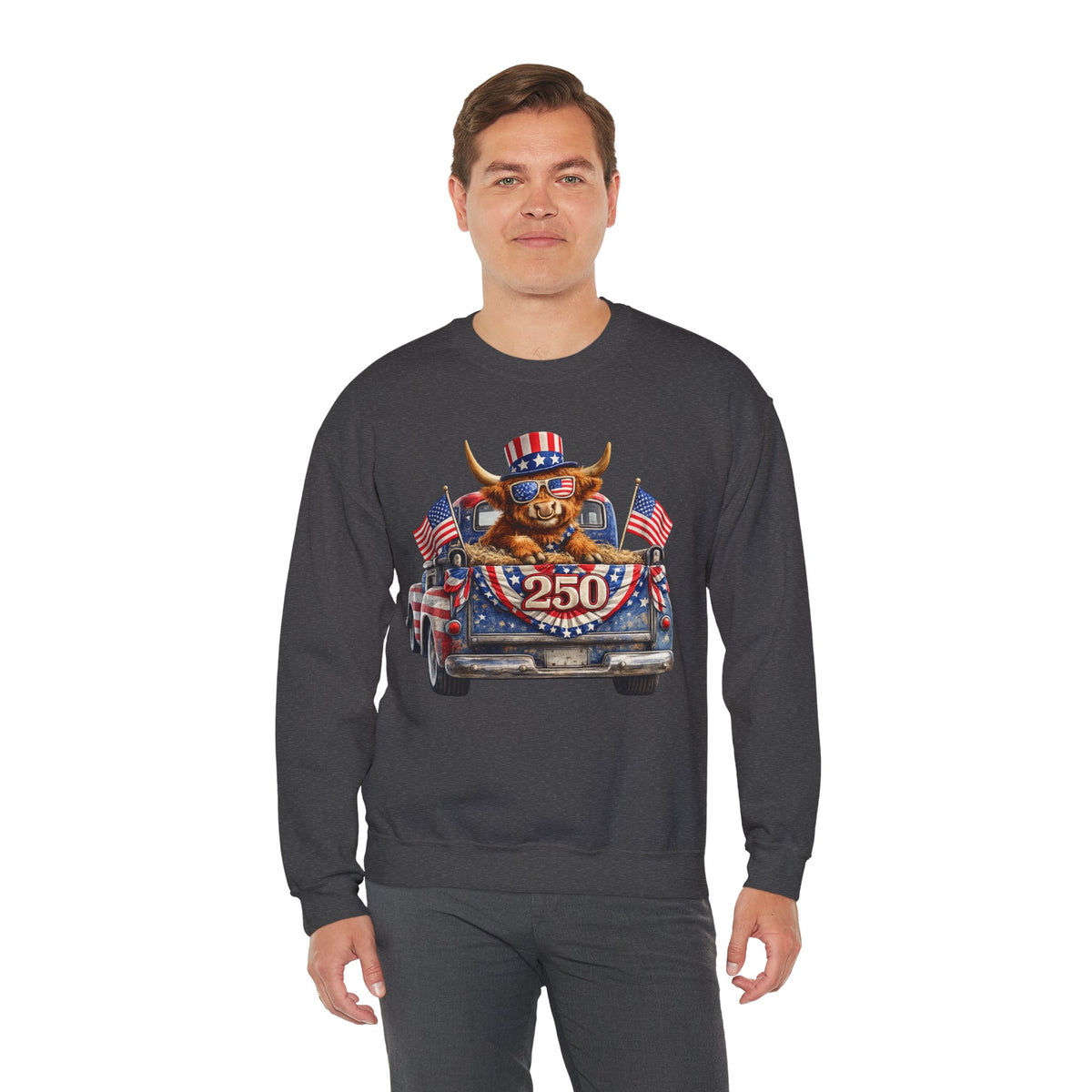 Patriotic Highland, America's 250th Birthday – Gildan Heavy Blend | Trendy Women’s and Men's Soft Sweatshirt. Direct to Garment. Printed & Shipped in the USA. Unisex Sizes.