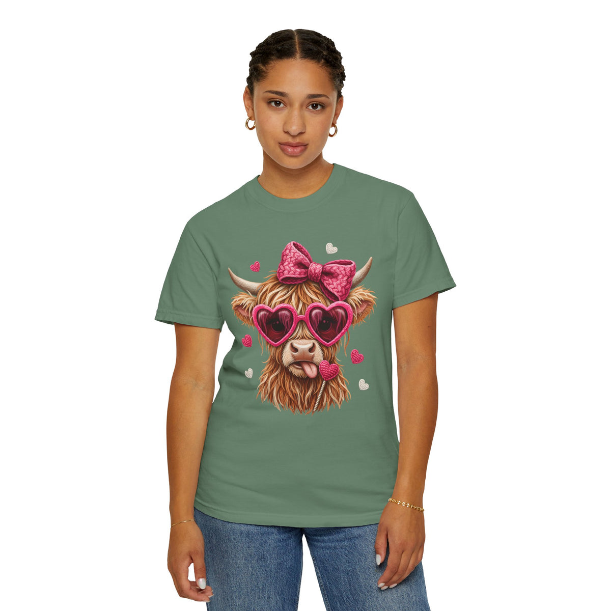 Highland Cow - Pink Heart Shaped Glasses - Comfort Colors | Trendy Women's T-Shirt. Direct to Garment. Printed & Shipped in the USA. Unisex Sizes.