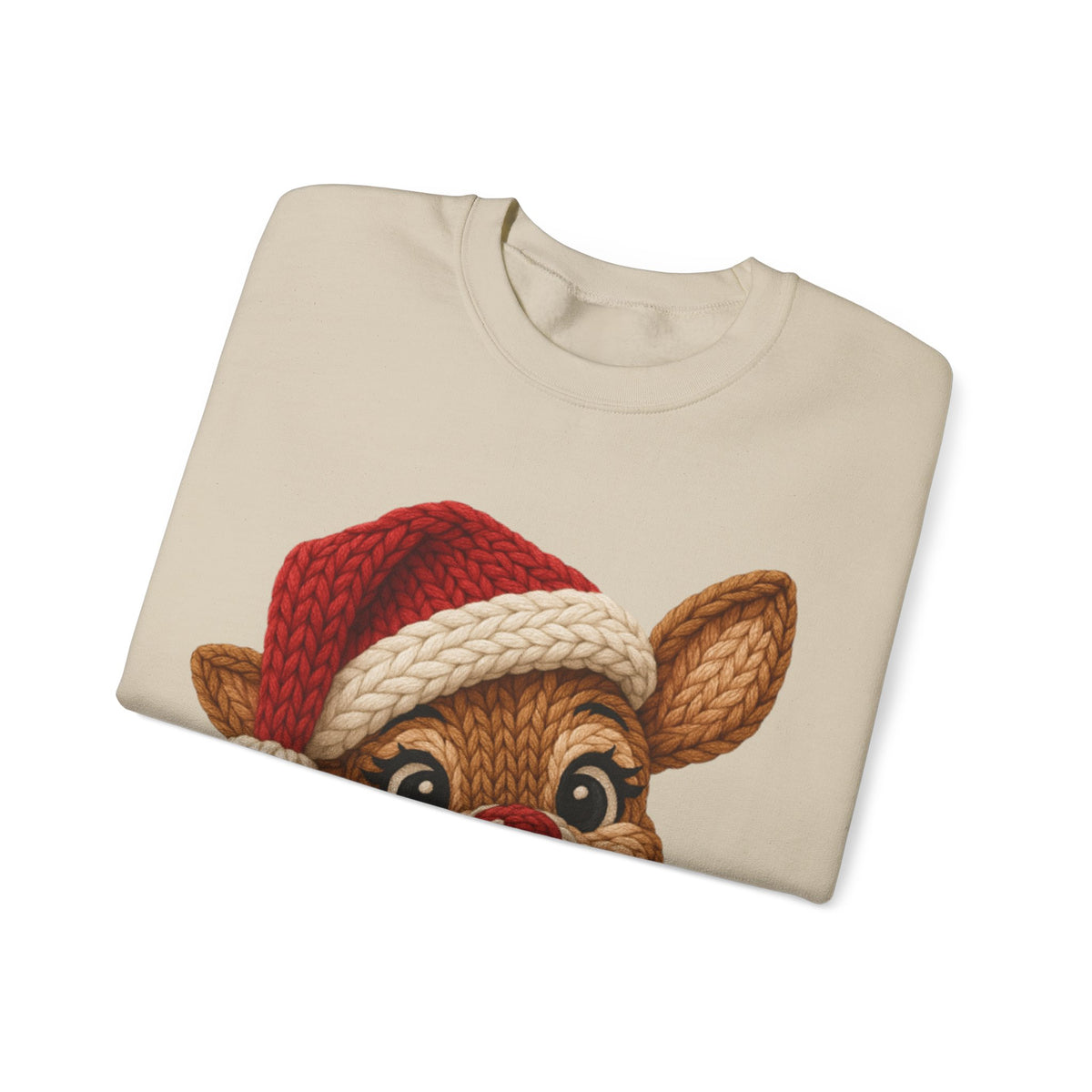 Cute Rudolph Faux Knit Look Reindeer w/Santa Hat – Gildan Heavy Blend | Trendy Women’s Soft Sweatshirt. Direct to Garment. Printed & Shipped in the USA. Unisex Sizes.