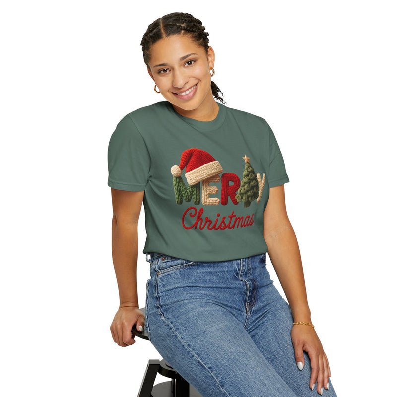 Merry Christmas Faux Yarn w/Santa Hat & Tree - Comfort Colors | Trendy Women's T-Shirt. Direct to Garment. Printed & Shipped in the USA. Unisex Sizes.