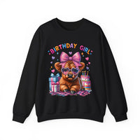 Birthday Girl, Highland Cow – Gildan Heavy Blend | Trendy Women’s Soft Sweatshirt. Direct to Garment. Printed & Shipped in the USA. Unisex Sizes.