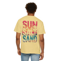 Sun Salt Sand, Beach Sunset - Front & Back Print - Comfort Colors | Trendy Women's and Men's T-Shirt. Direct to Garment. Printed & Shipped in the USA. Unisex Sizes.