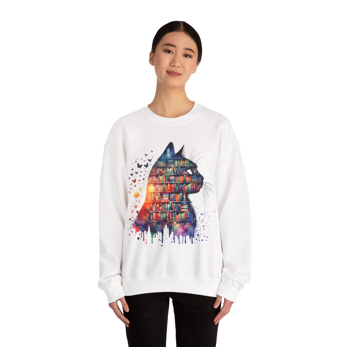 Cat Silhouette for Book Lovers – Gildan Heavy Blend | Trendy Women’s Soft Sweatshirt. Direct to Garment. Printed & Shipped in the USA. Unisex Sizes.