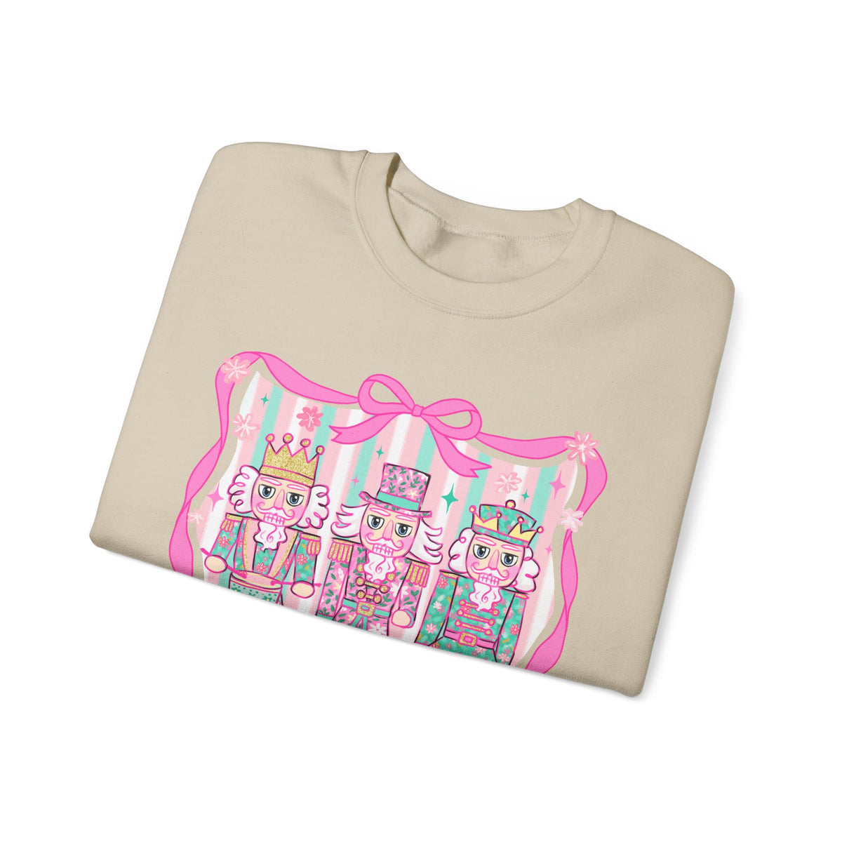 Coquette Pastel Christmas Nutcracker Trio Pink and Green – Gildan Heavy Blend | Trendy Women’s Soft Sweatshirt. Direct to Garment. Printed & Shipped in the USA. Unisex Sizes.