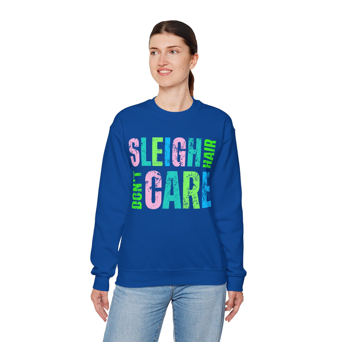 Sleigh Hair Don’t Care, Funny Christmas Graphic Tee – Gildan Heavy Blend | Trendy Women’s Soft Sweatshirt. Direct to Garment. Printed & Shipped in the USA. Unisex Sizes.