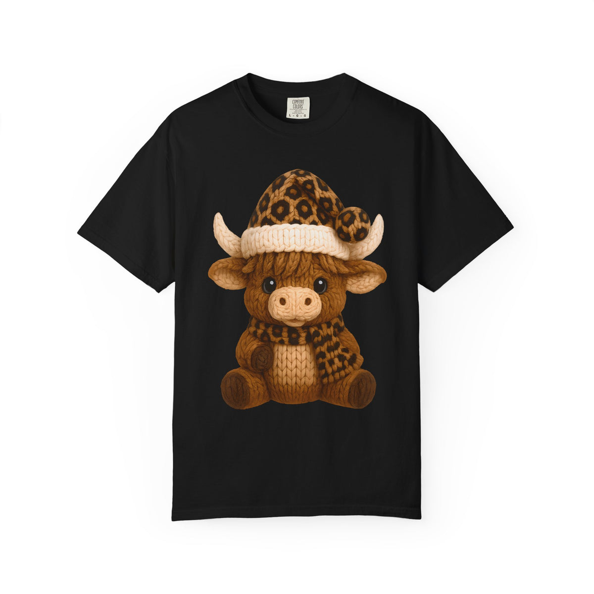 Cute Highland Cow with Leopard Santa Hat Christmas - Comfort Colors | Trendy Women's T-Shirt. Direct to Garment. Printed & Shipped in the USA. Unisex Sizes.