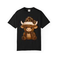 Cute Highland Cow with Leopard Santa Hat Christmas - Comfort Colors | Trendy Women's T-Shirt. Direct to Garment. Printed & Shipped in the USA. Unisex Sizes.