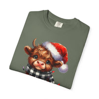 Cute Highland Cow Santa Hat Scarf Christmas Lights - Comfort Colors | Trendy Unisex T-Shirt. Direct to Garment. Printed & Shipped in the USA. Unisex Sizes.