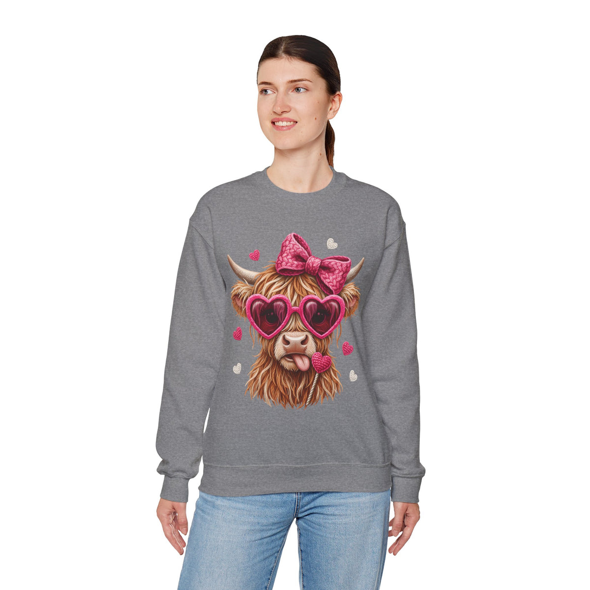 Highland Cow - Pink Heart Shaped Glasses – Gildan Heavy Blend | Trendy Women’s Soft Sweatshirt. Direct to Garment. Printed & Shipped in the USA. Unisex Sizes.