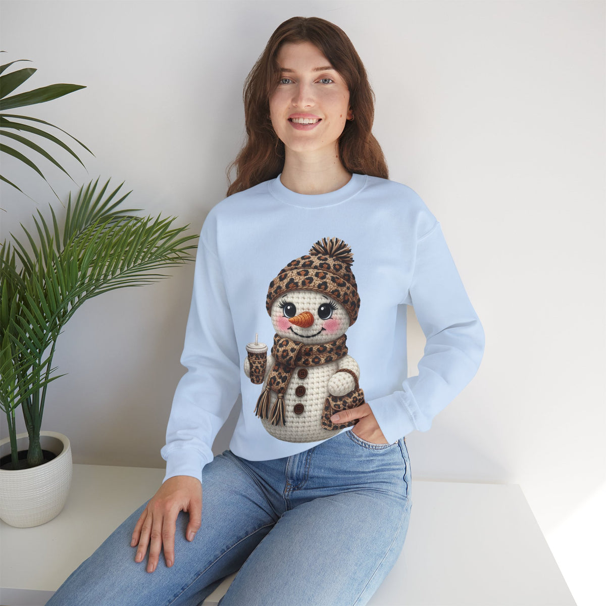 Leopard Snowman - Leopard Purse, Drink, Hat & Scarf – Gildan Heavy Blend | Trendy Women’s Soft Sweatshirt. Direct to Garment. Printed & Shipped in the USA. Unisex Sizes.