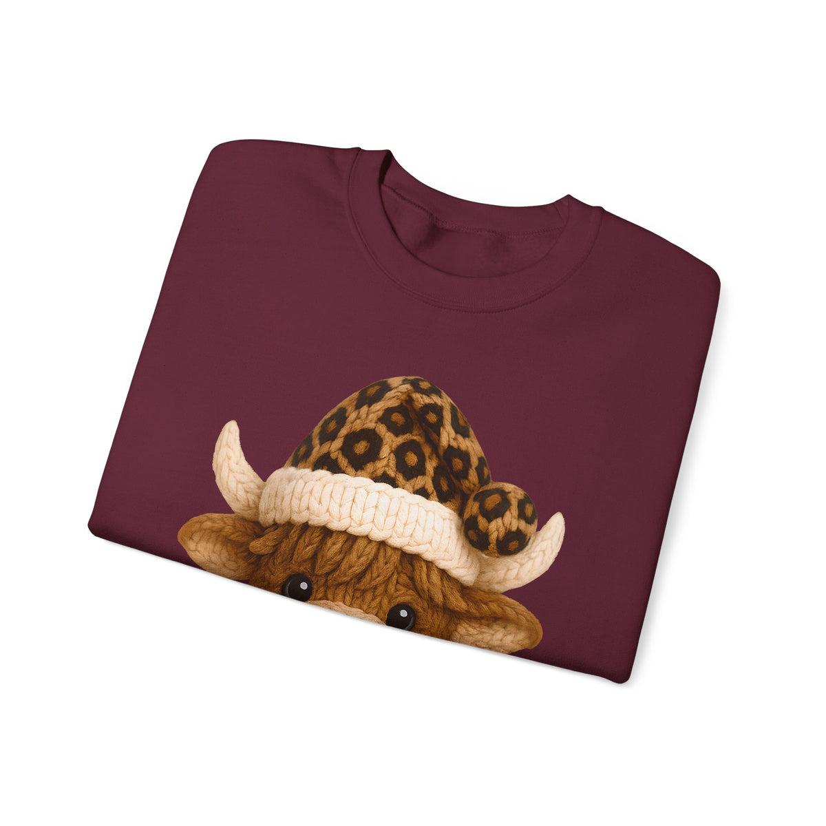 Cute Highland Cow with Leopard Santa Hat Christmas – Gildan Heavy Blend | Trendy Women’s Soft Sweatshirt. Direct to Garment. Printed & Shipped in the USA. Unisex Sizes.